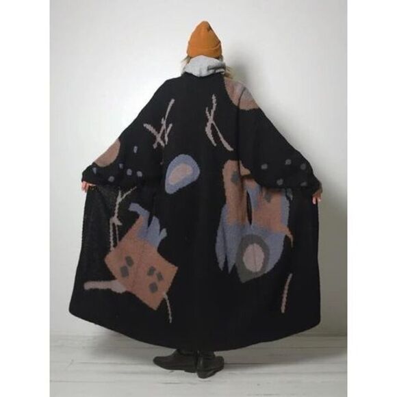 SEGUE Unisex Vintage 80s Wool Blend Abstract Button Down Duster Cardigan Sweater - Picture 12 of 12